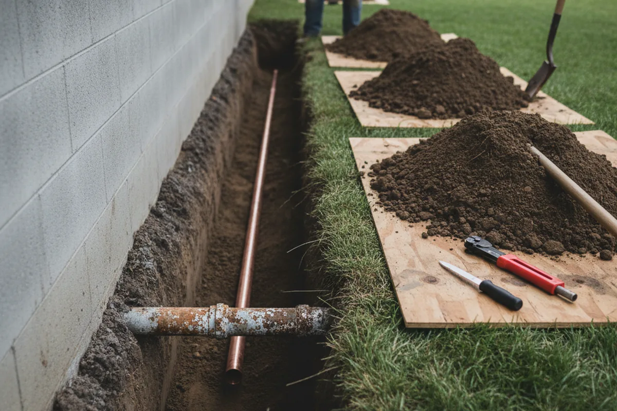 Excavated water line trench during Water Softener Installation in Simpsonville
